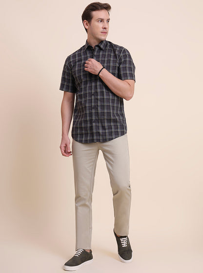 Dark Grey Checked Tailored Fit Semi Casual Shirt | JadeBlue