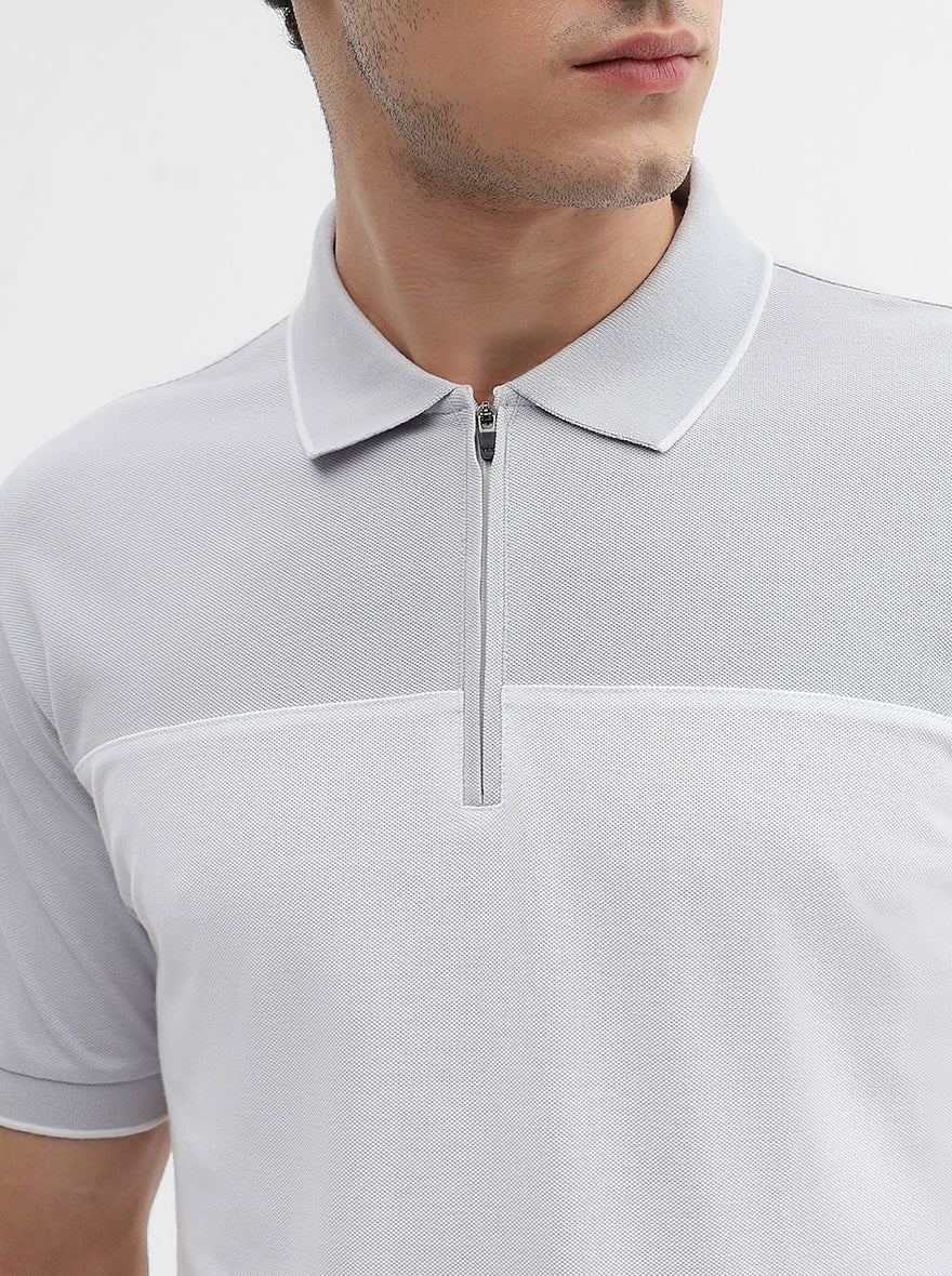 Steel Grey & White Solid Slim Fit Polo T-Shirt | Greenfibre
