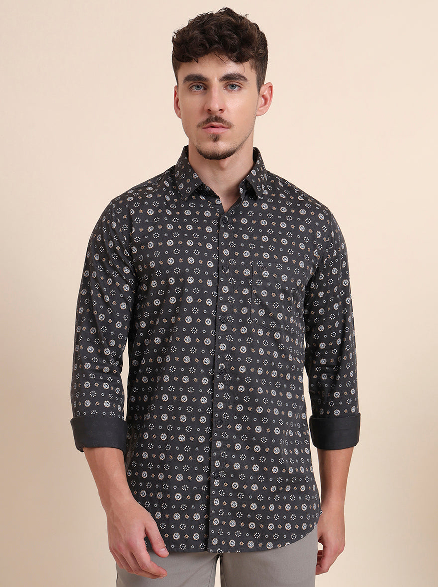 Black Printed Slim Fit Casual Shirt | JadeBlue