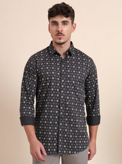 Black Printed Slim Fit Casual Shirt | JadeBlue