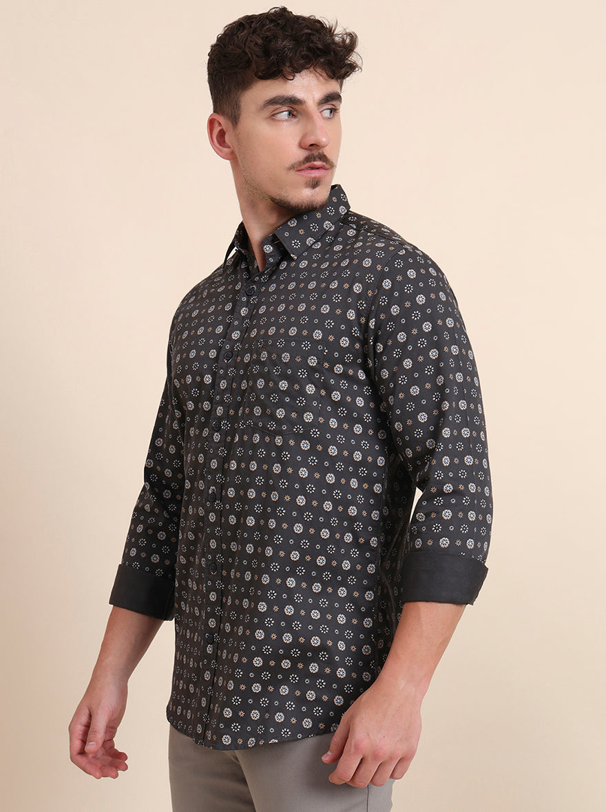 Black Printed Slim Fit Casual Shirt | JadeBlue