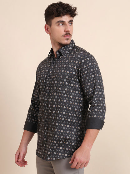 Black Printed Slim Fit Casual Shirt | JadeBlue