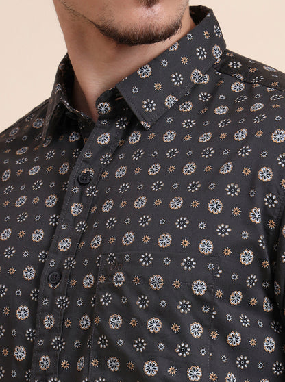 Black Printed Slim Fit Casual Shirt | JadeBlue