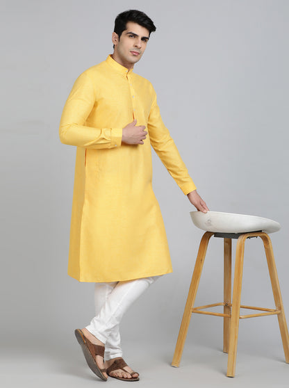 Yellow Solid Regular Fit Modi Kurta | JadeBlue