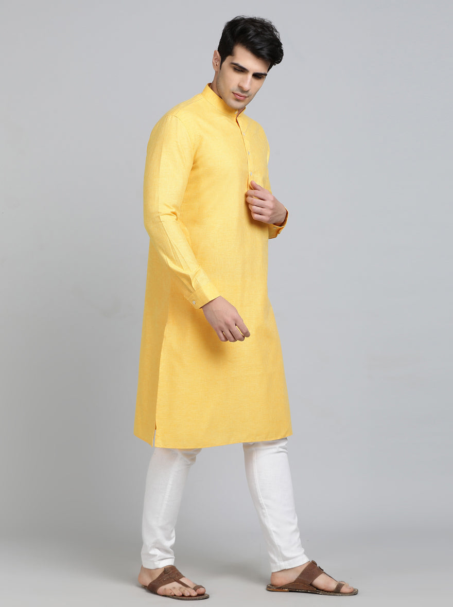 Yellow Solid Regular Fit Modi Kurta | JadeBlue