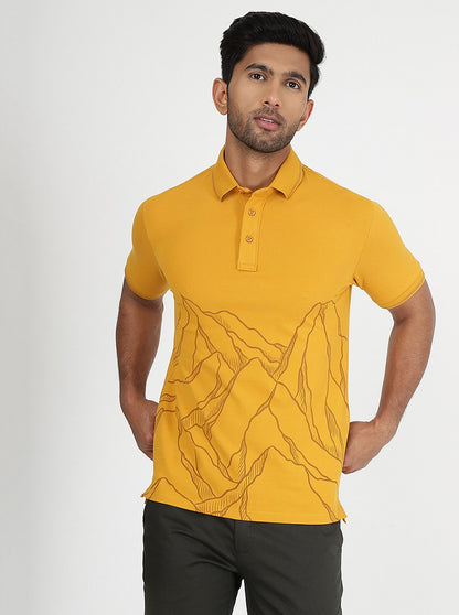Mustard Yellow Printed Slim Fit Polo T-Shirt | JadeBlue