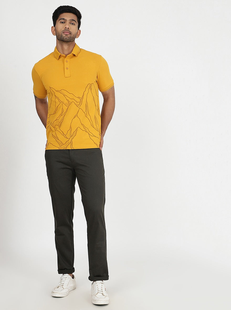 Mustard Yellow Printed Slim Fit Polo T-Shirt | JadeBlue