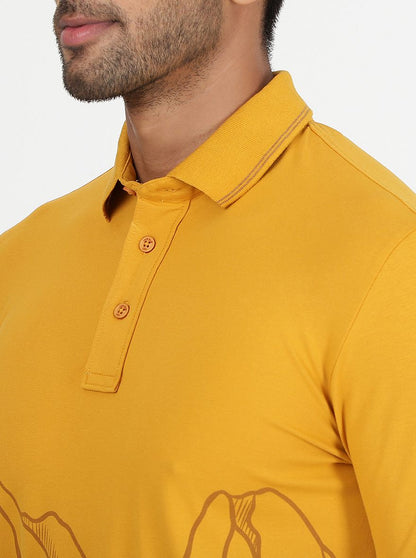 Mustard Yellow Printed Slim Fit Polo T-Shirt | JadeBlue