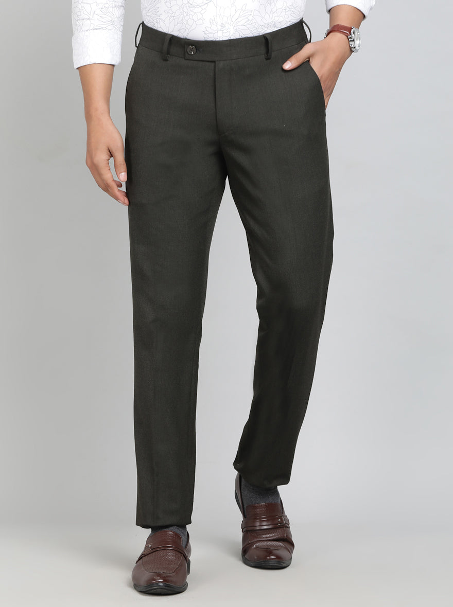 Olive Green Solid Super Slim Fit Formal Trouser | JadeBlue Youth
