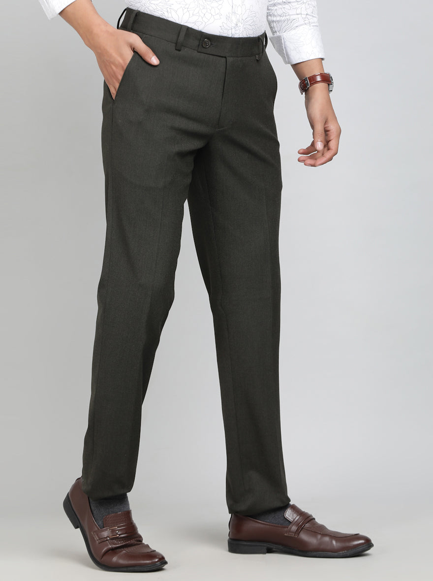 Olive Green Solid Super Slim Fit Formal Trouser | JadeBlue Youth