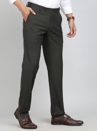 Olive Green Solid Super Slim Fit Formal Trouser | JadeBlue Youth