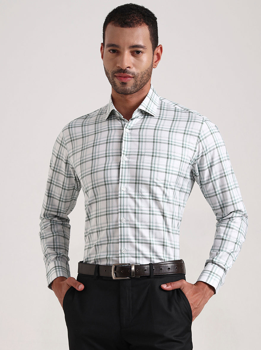 White & Green Checked Slim Fit Formal Shirt | Metal
