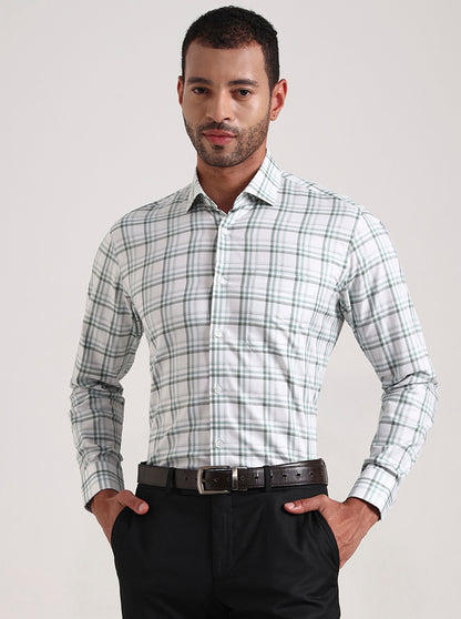 White & Green Checked Slim Fit Formal Shirt | Metal