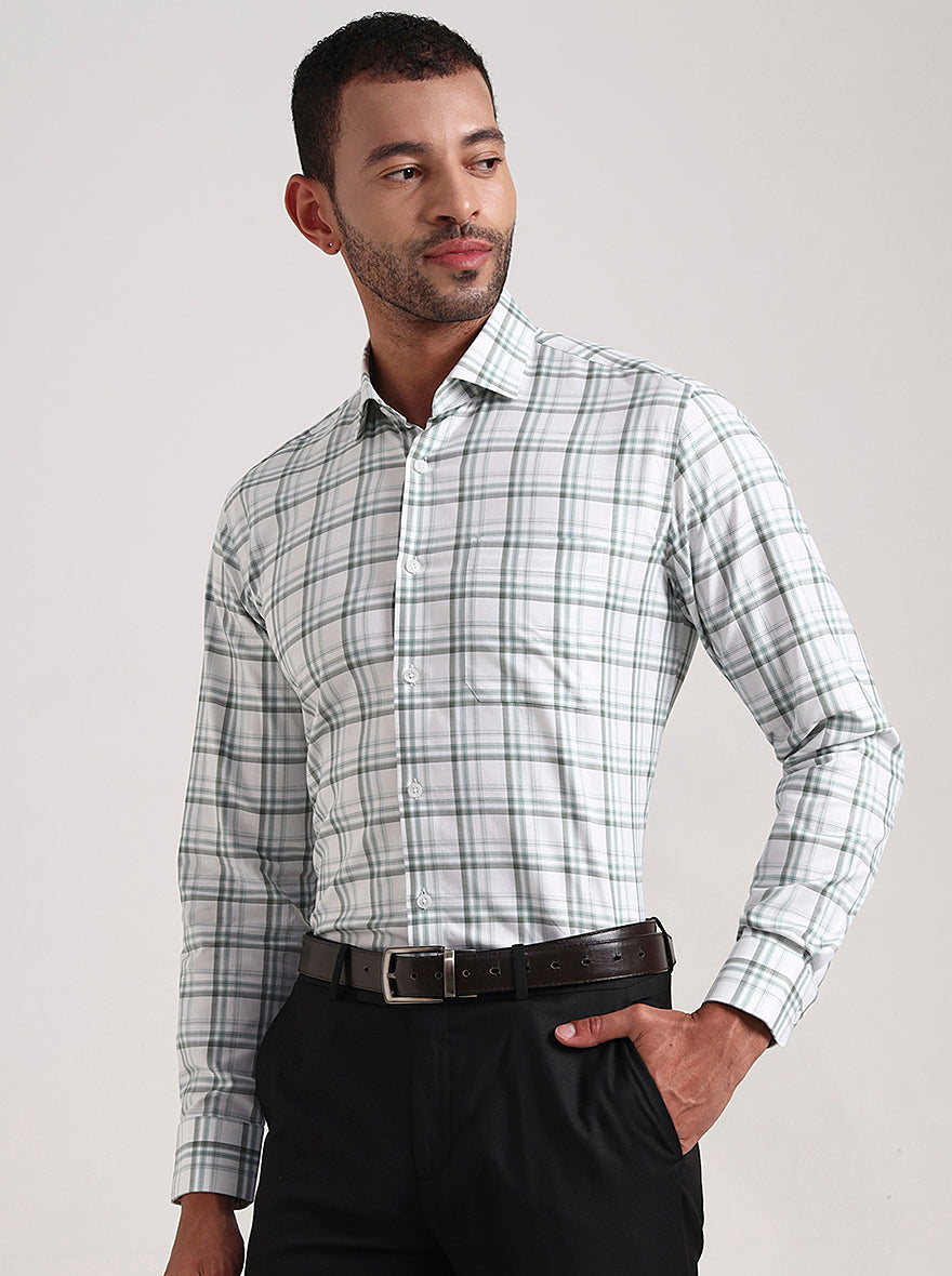 White & Green Checked Slim Fit Formal Shirt | Metal