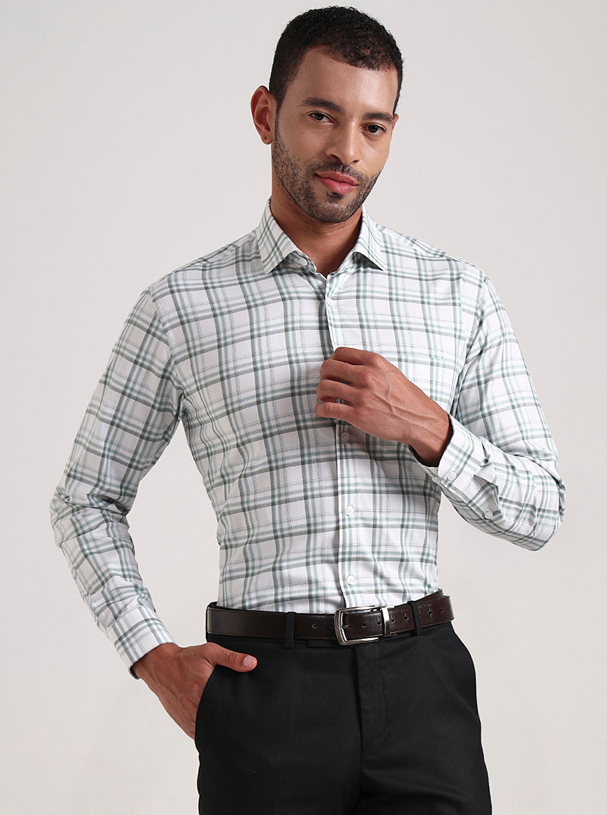 White & Green Checked Slim Fit Formal Shirt | Metal