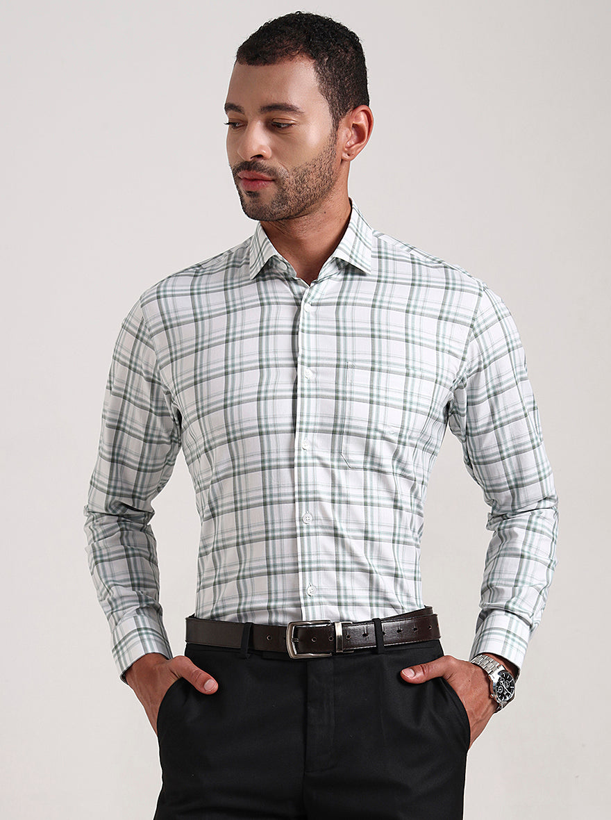 White & Green Checked Slim Fit Formal Shirt | Metal