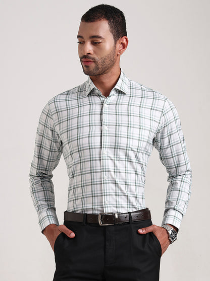 White & Green Checked Slim Fit Formal Shirt | Metal