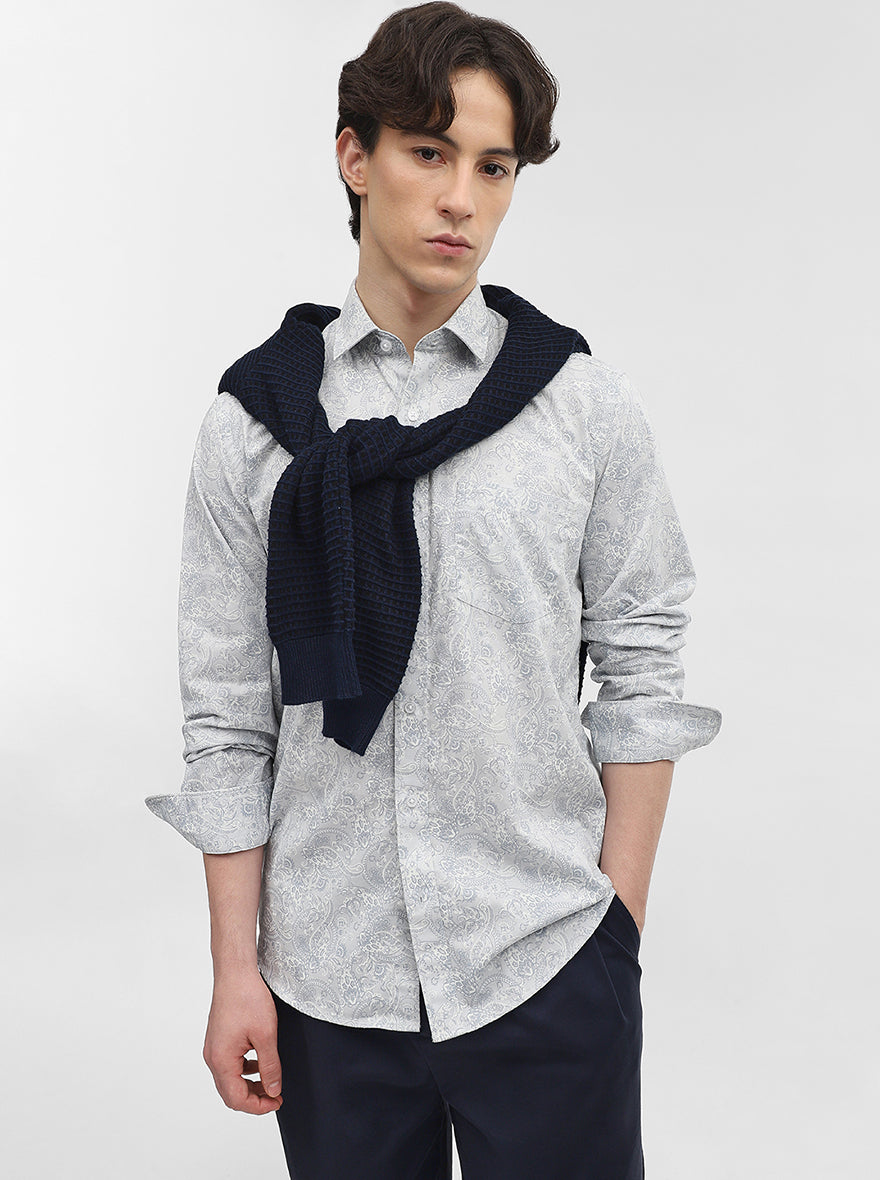 Light Blue Printed Slim Fit Semi Casual Shirt | JadeBlue
