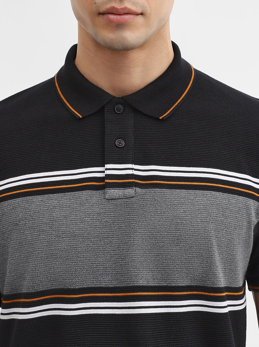 Black Striped Slim Fit Polo T-Shirt | Greenfibre