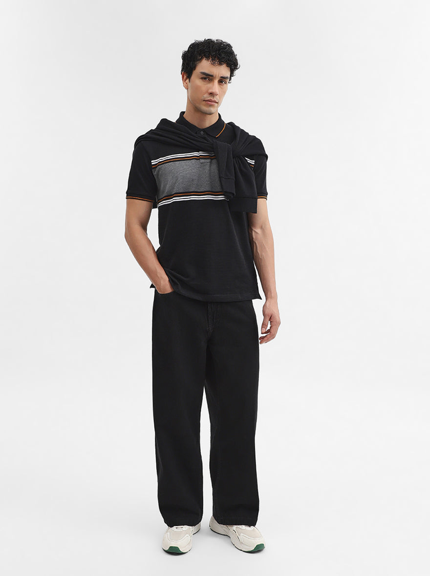 Black Striped Slim Fit Polo T-Shirt | Greenfibre
