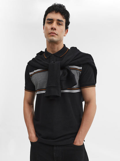 Black Striped Slim Fit Polo T-Shirt | Greenfibre
