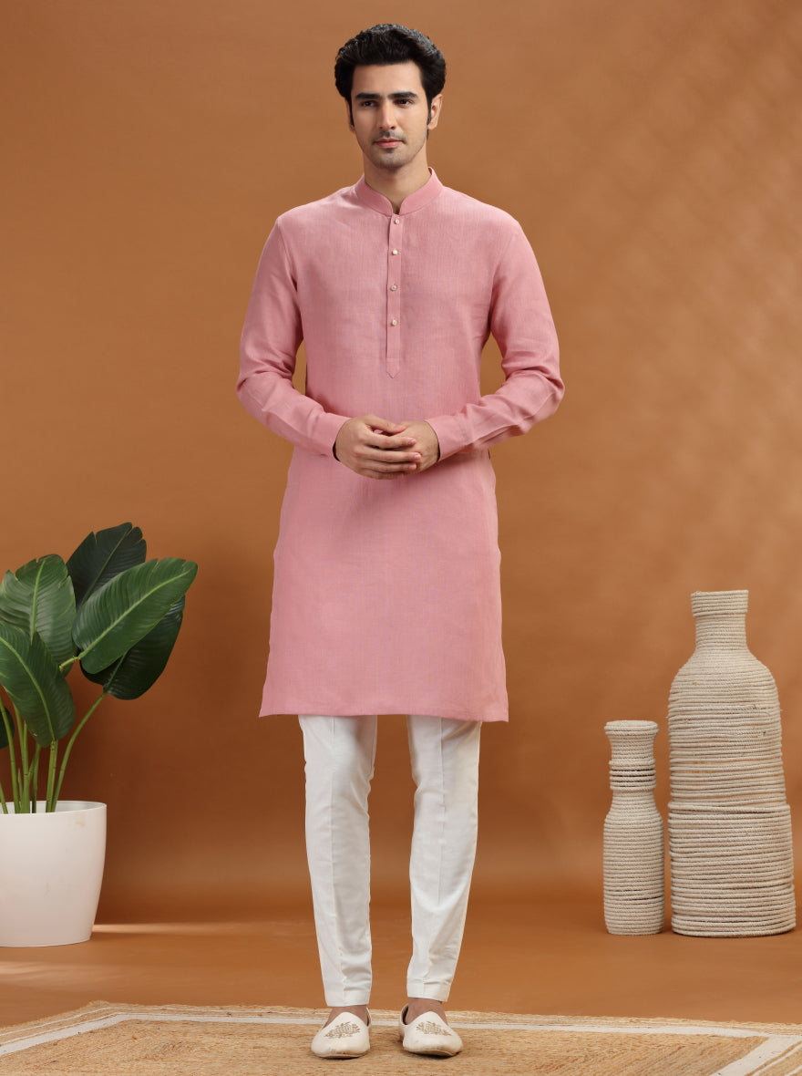 TULA Onion Pink Linen Kurta Pajama for Men Regular Fit Full