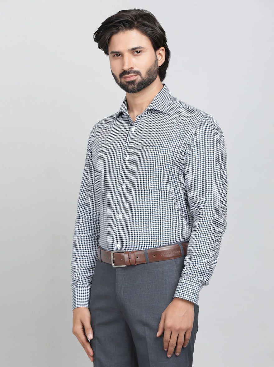 Blue Printed Slim Fit Formal Shirt | Metal