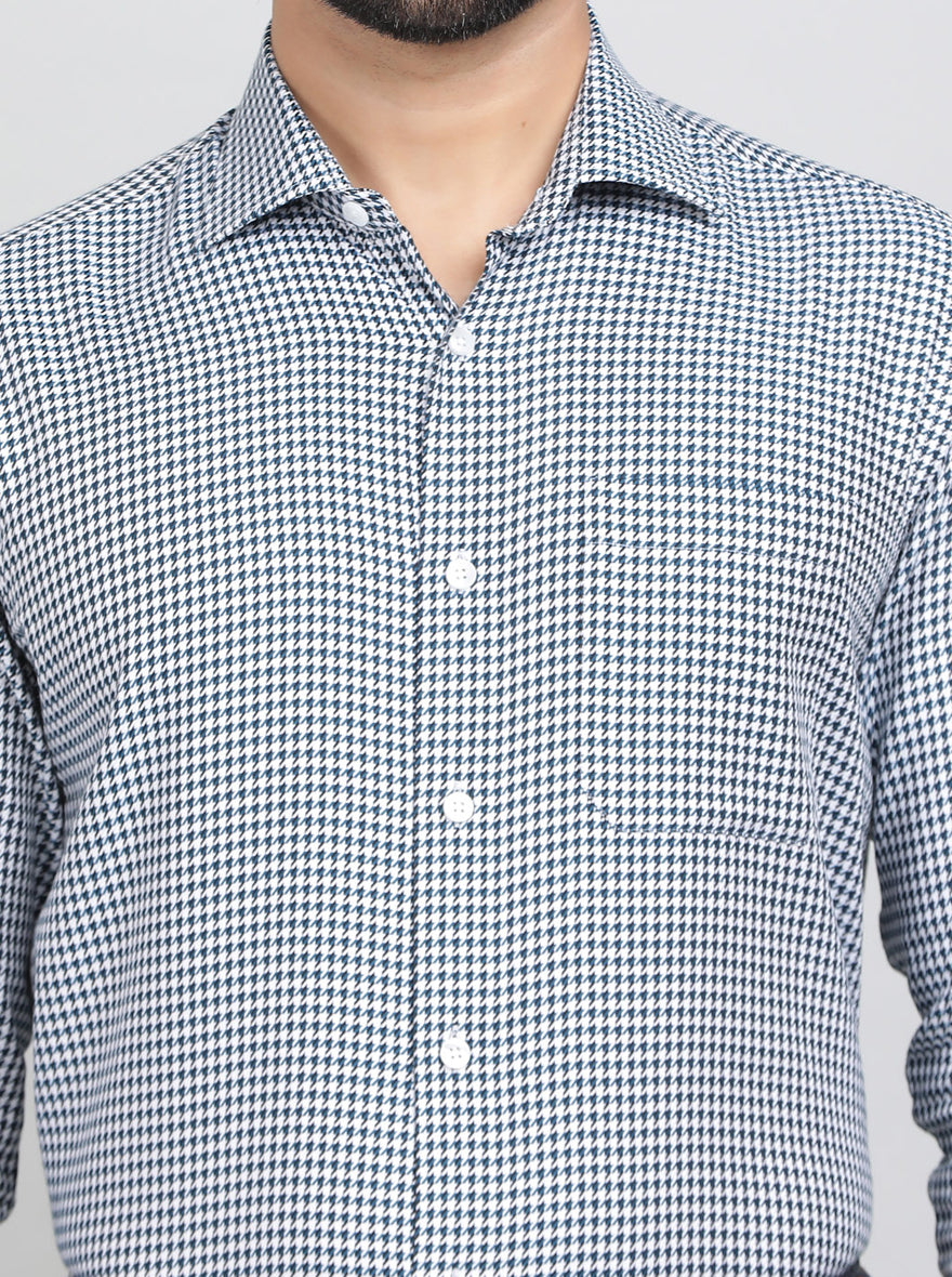 Blue Printed Slim Fit Formal Shirt | Metal