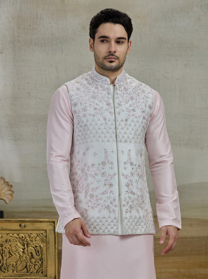 Cream & Pink Embroidered Kurta Pajama with Koti | Virasana