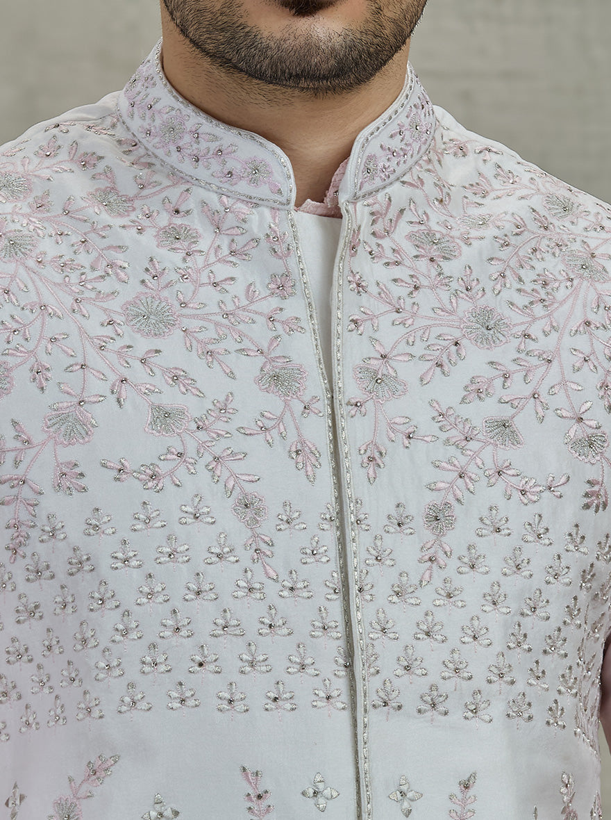 Cream & Pink Embroidered Kurta Pajama with Koti | Virasana