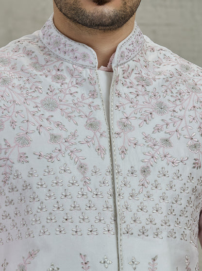 Cream & Pink Embroidered Kurta Pajama with Koti | Virasana