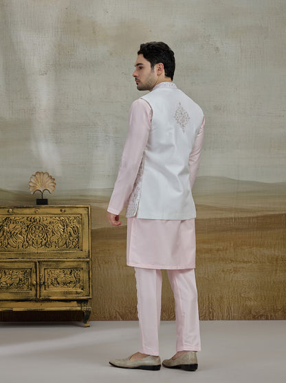 Cream & Pink Embroidered Kurta Pajama with Koti | Virasana