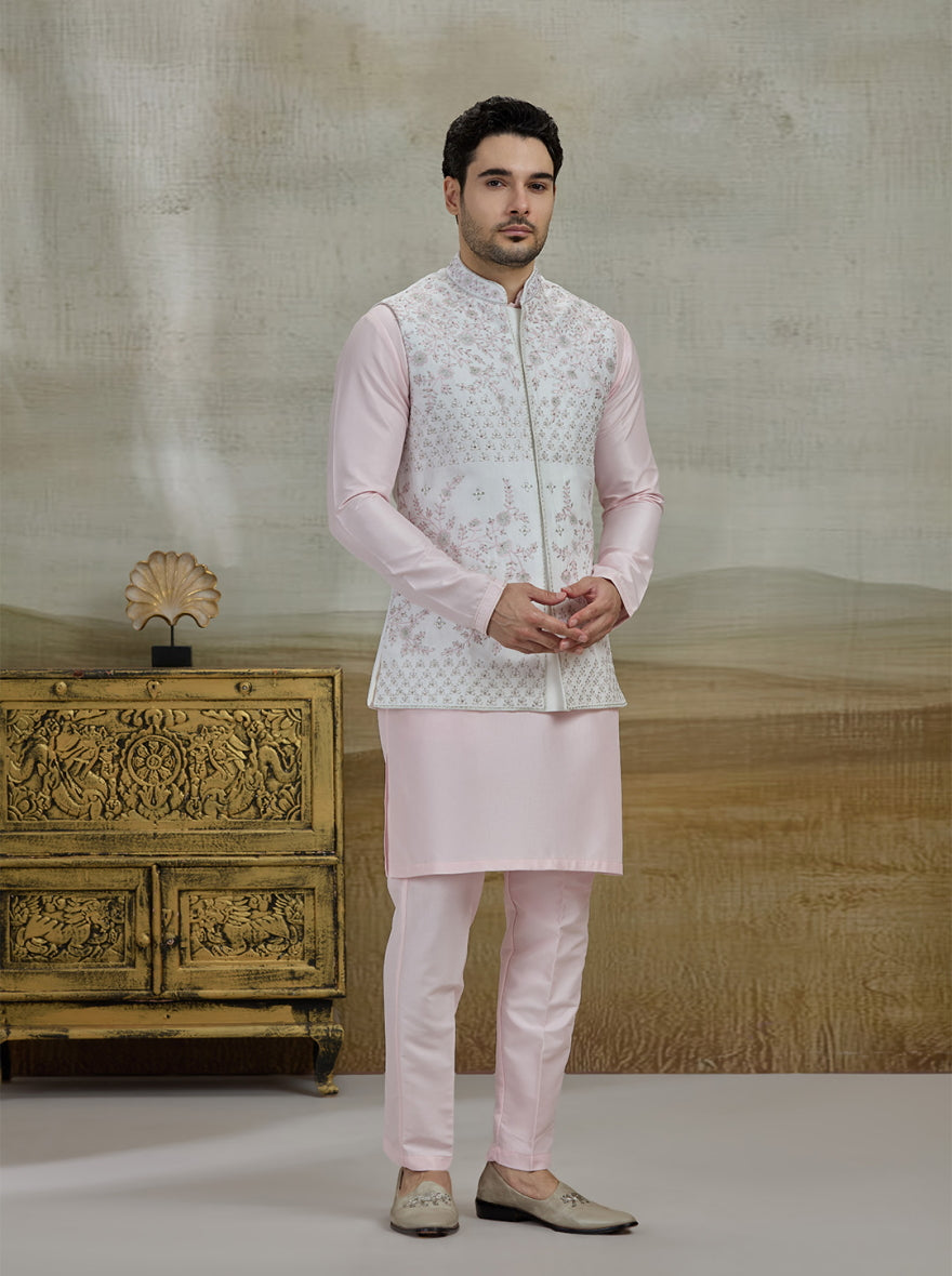 Cream & Pink Embroidered Kurta Pajama with Koti | Virasana