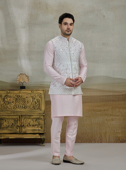Cream & Pink Embroidered Kurta Pajama with Koti | Virasana