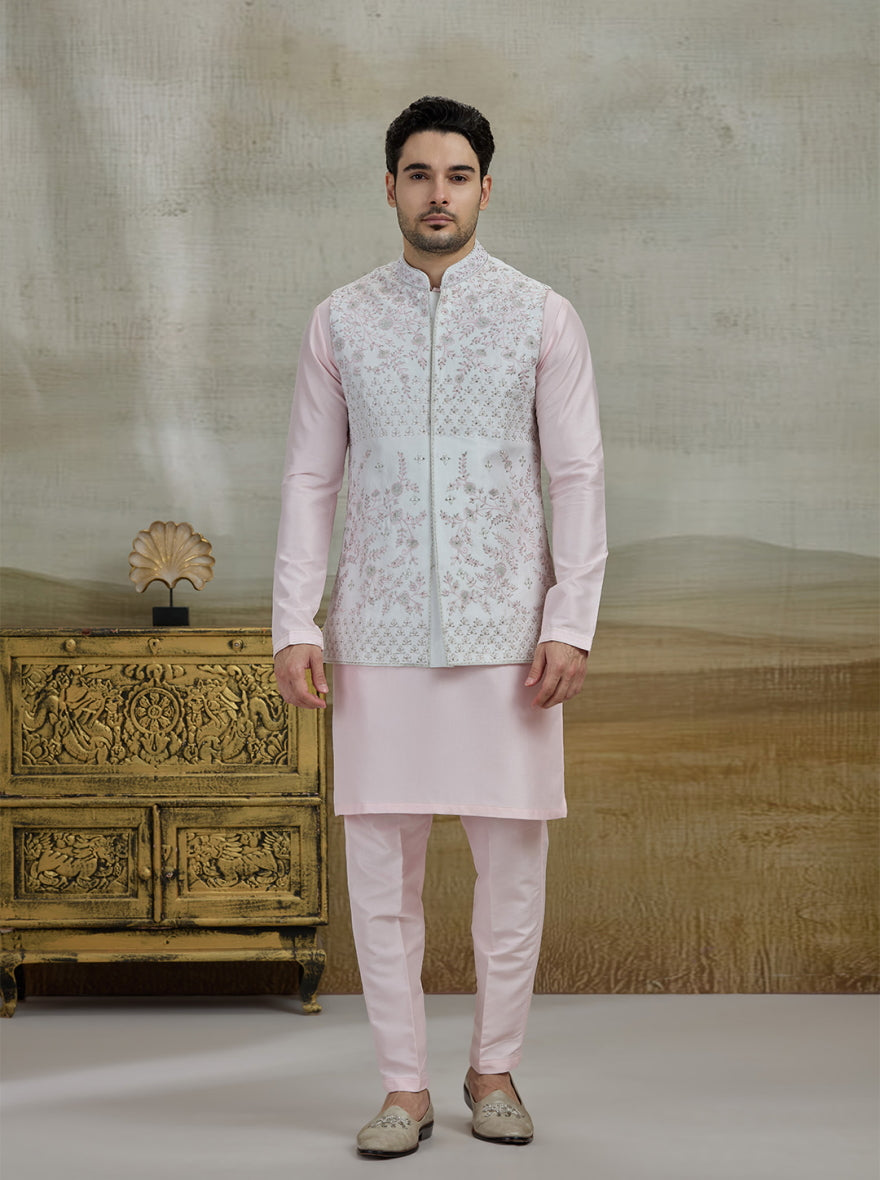 Cream & Pink Embroidered Kurta Pajama with Koti | Virasana