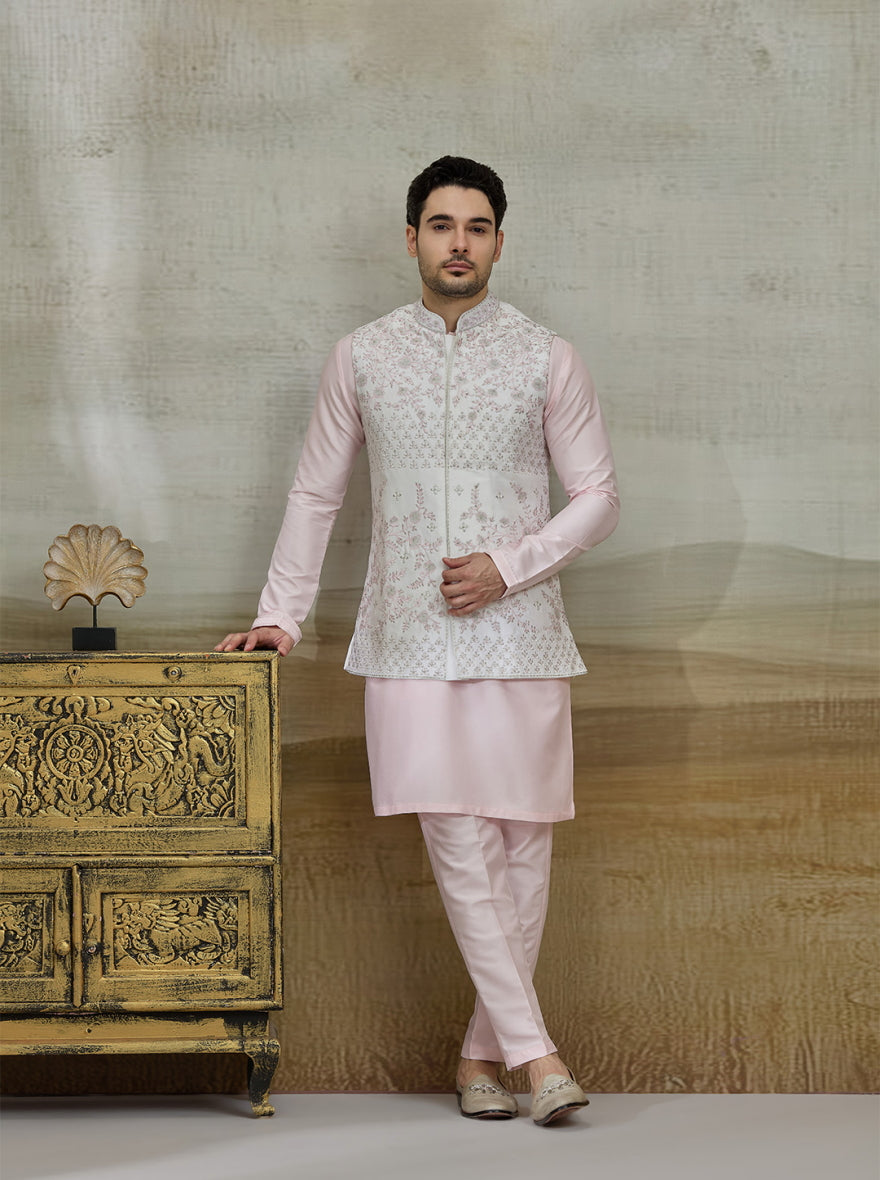 Cream & Pink Embroidered Kurta Pajama with Koti | Virasana
