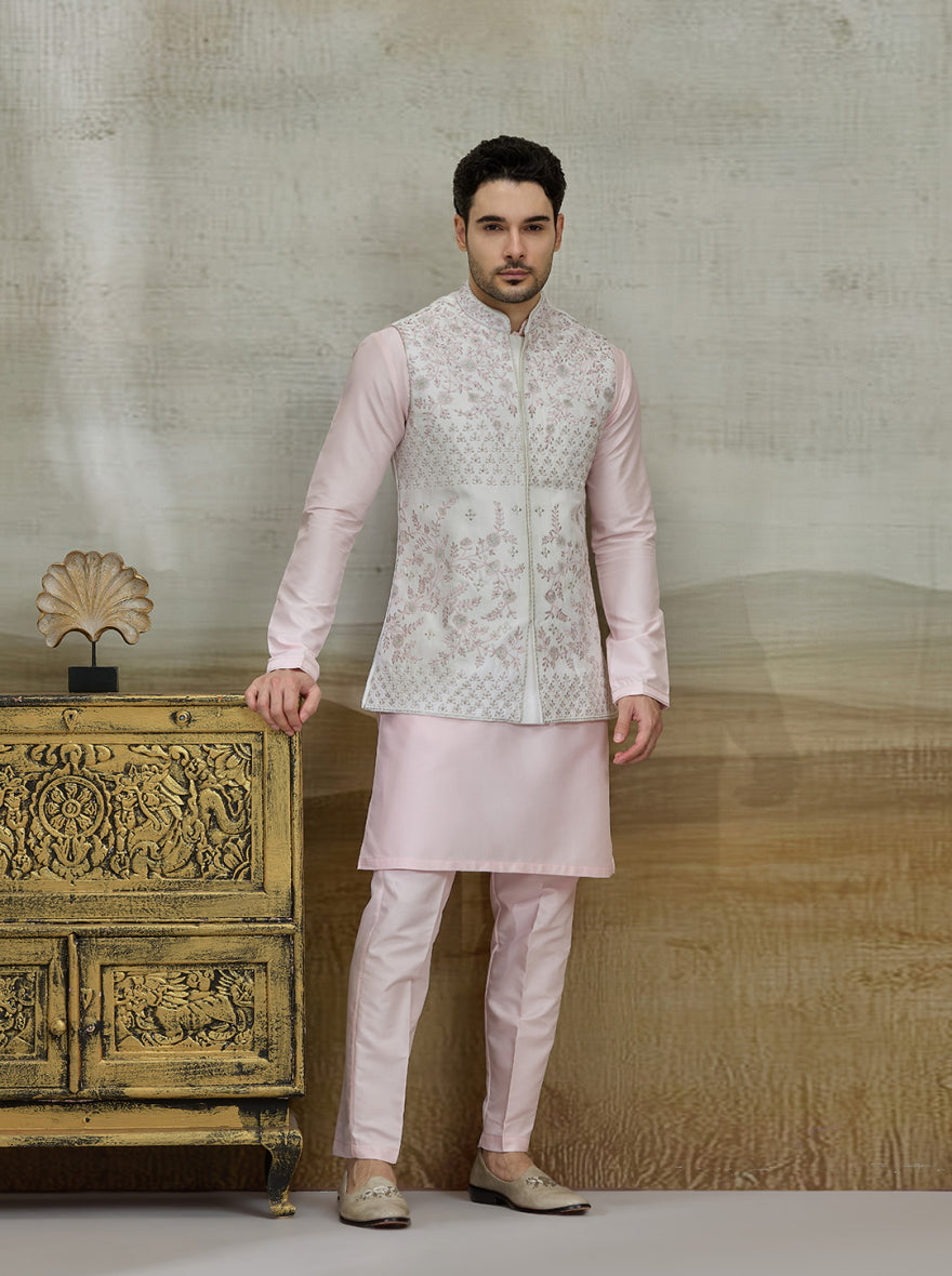Cream & Pink Embroidered Kurta Pajama with Koti | Virasana