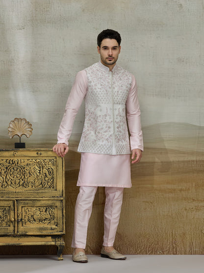 Cream & Pink Embroidered Kurta Pajama with Koti | Virasana