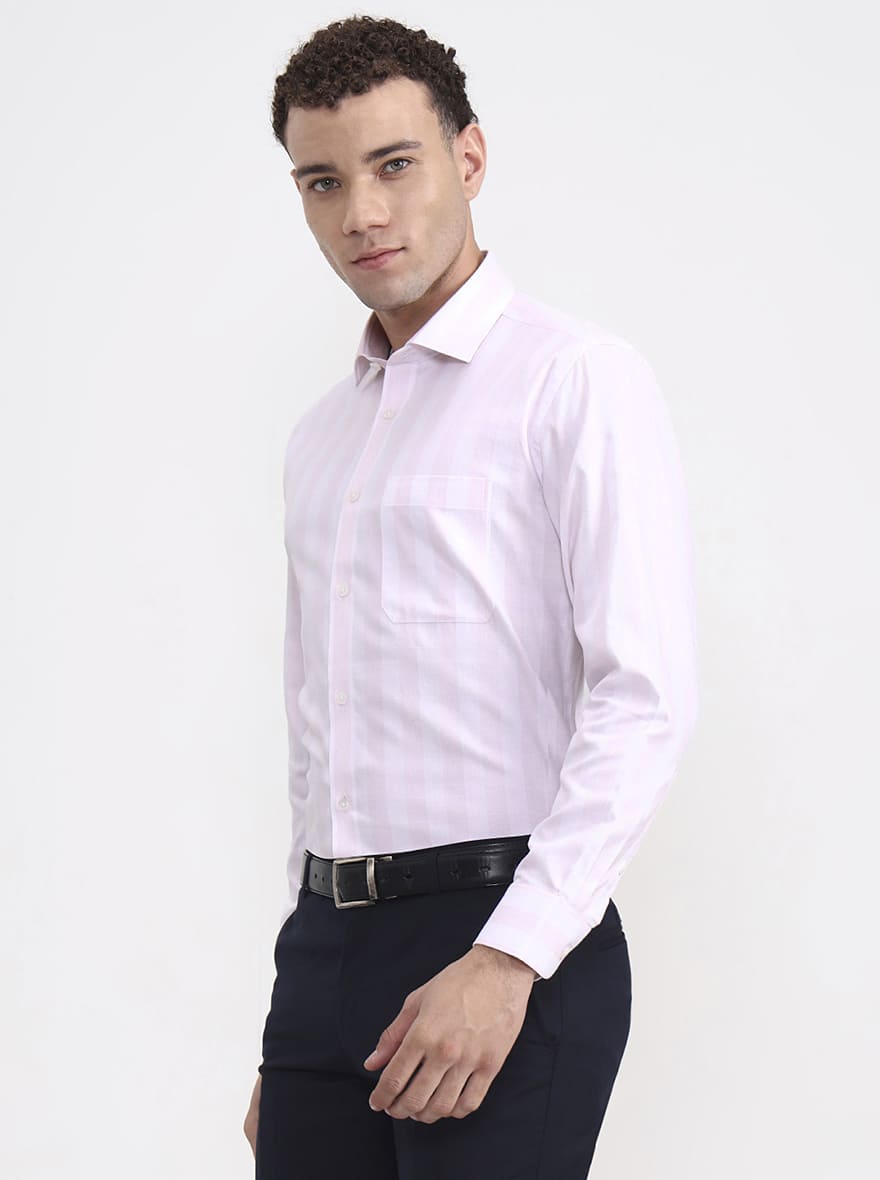 White & Pink Striped Slim Fit Formal Shirt | Metal