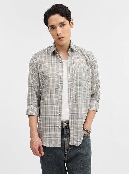 Olive Checked Tailored Fit Semi Casual Shirt | Greenfibre