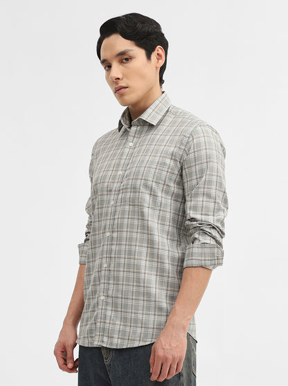 Olive Checked Tailored Fit Semi Casual Shirt | Greenfibre
