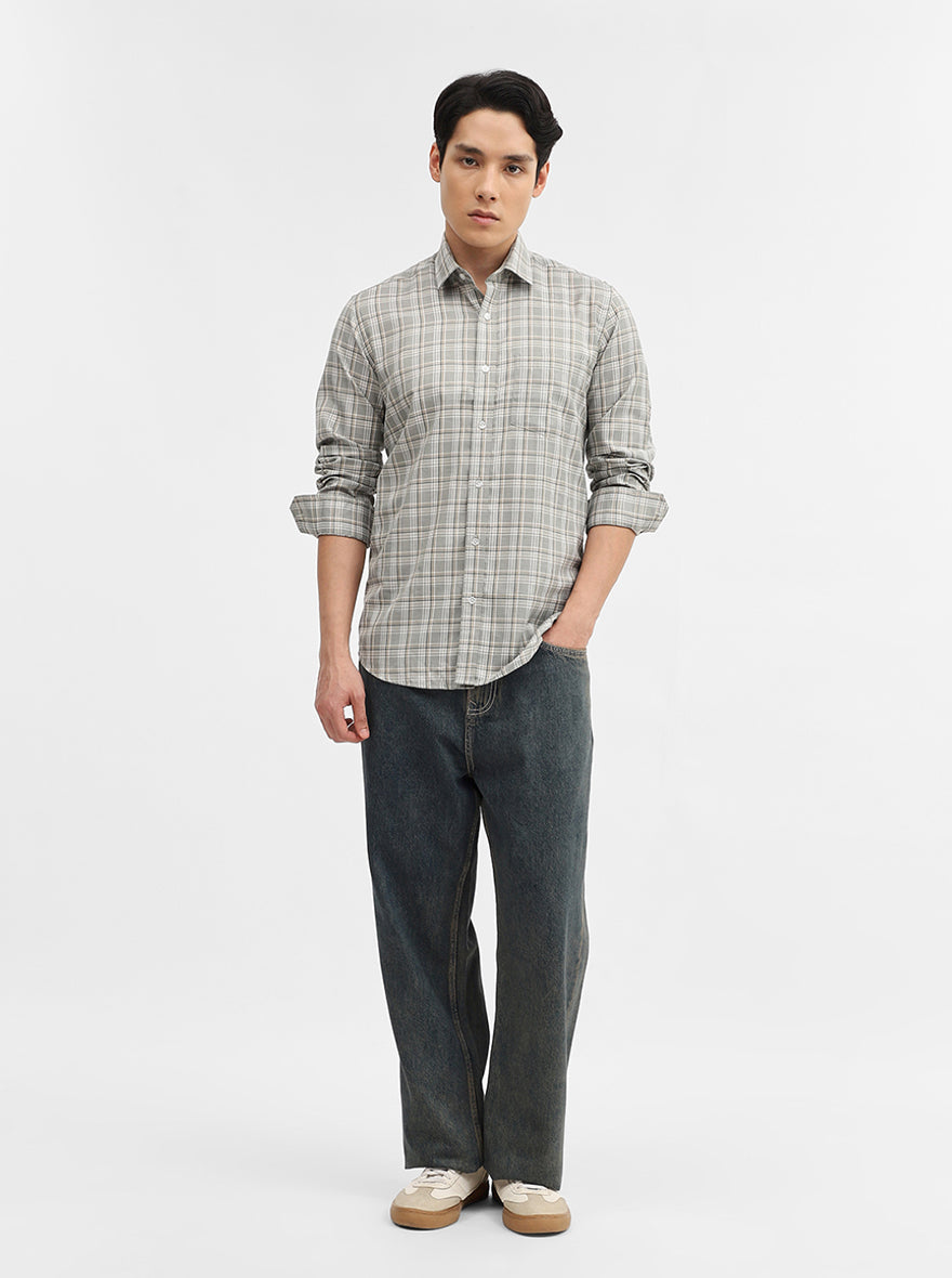Olive Checked Tailored Fit Semi Casual Shirt | Greenfibre