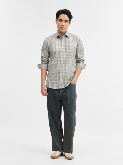 Olive Checked Tailored Fit Semi Casual Shirt | Greenfibre