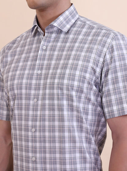 White & Grey Checked Regular Fit Formal Shirt | Greenfibre