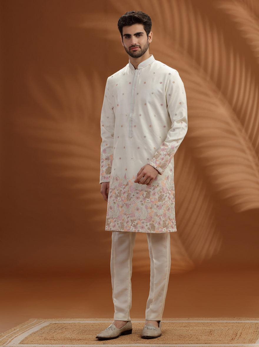 Ivory Embroidered  Kurta Pajama | TULA