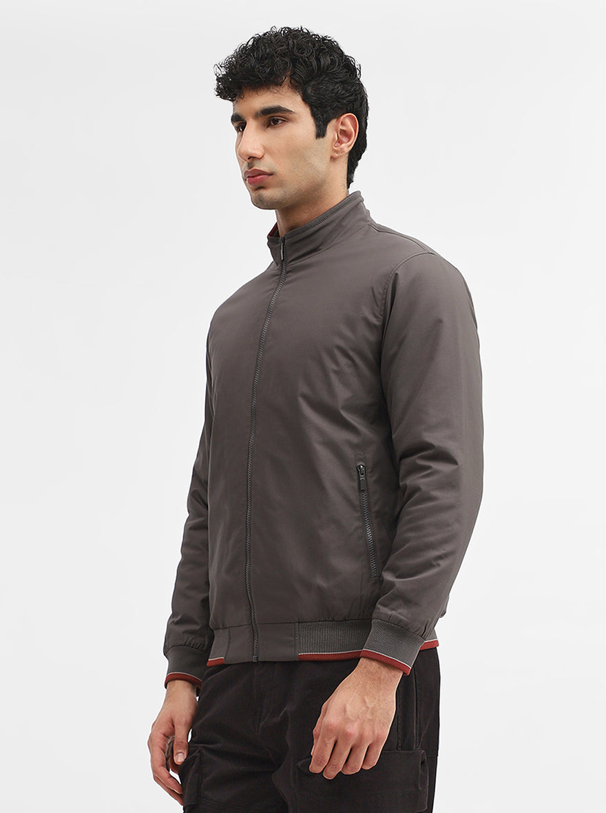 Dark Grey Solid Slim Fit Winter Jacket | Greenfibre