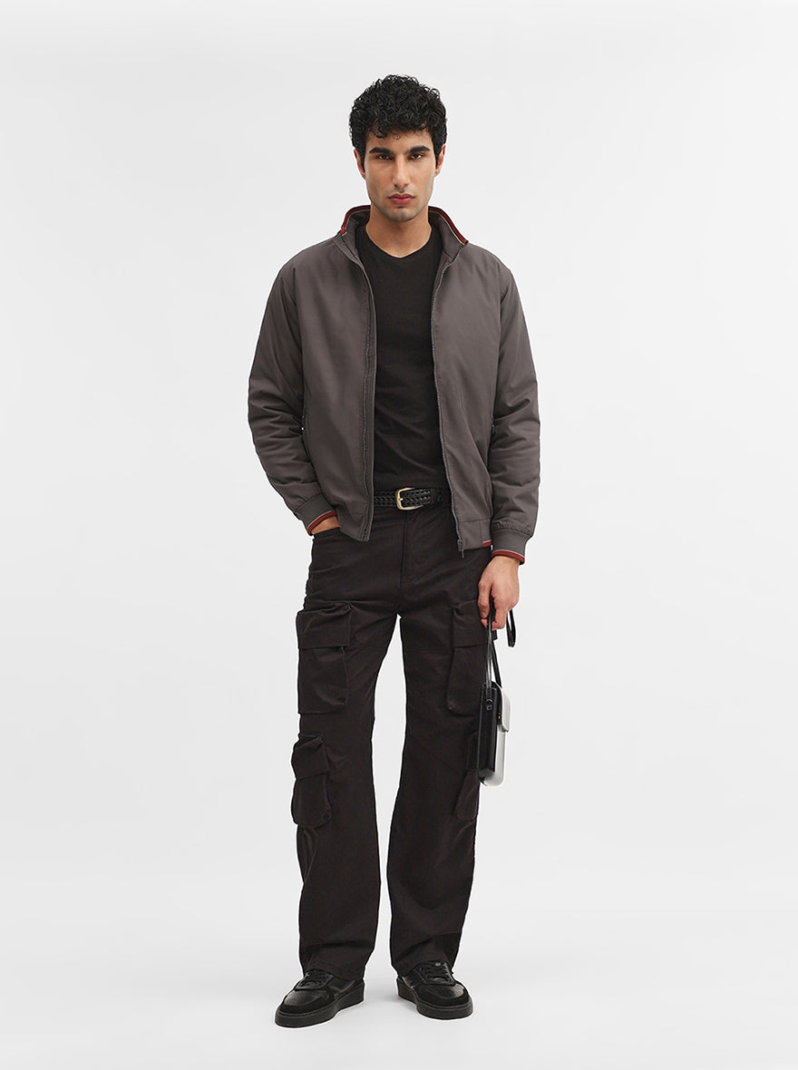 Dark Grey Solid Slim Fit Winter Jacket | Greenfibre