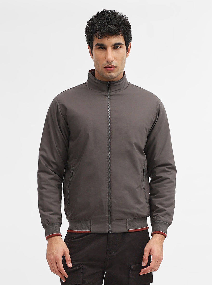 Dark Grey Solid Slim Fit Winter Jacket | Greenfibre