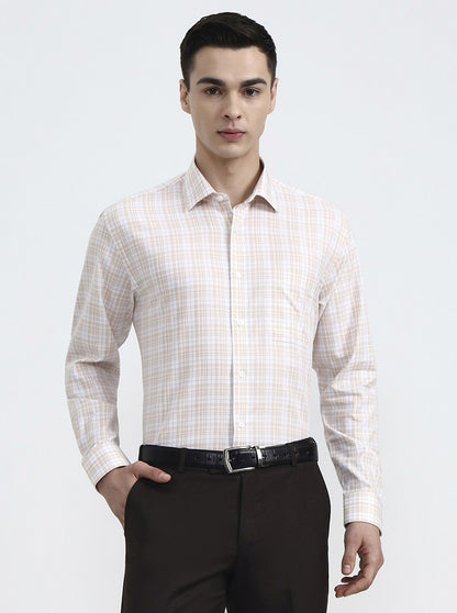 Yellow & White Checked Regular Fit Formal Shirt | JadeBlue