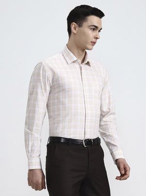 Yellow & White Checked Regular Fit Formal Shirt | JadeBlue